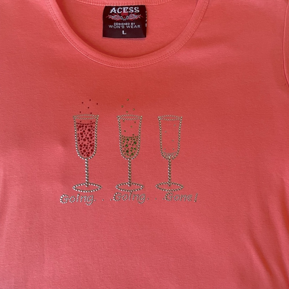 Aces brand size L & XL Rhinestoned T-shirts. Reads: “Going…Going…Gone!”